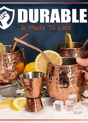 G GOODYGOODS Moscow Mule Mugs, Real Copper Plating, Stainless Steel inside Lining, Gift Set of 4 Handcrafted 18 Oz Copper Cups, 4 Unique Straws, Jigger, Ring Bottle Opener & Recipe Booklet!