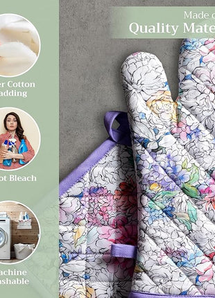 Maison d' Hermine 100% Cotton Oven Mitt & Pot Holder Set (7.5"x13" & 8"x8") Heat Resistant BBQ Cooking Gloves with Loop, Baking, Grilling, Kitchen, Handling Hot Pans Spring/Summer (Floral Love)