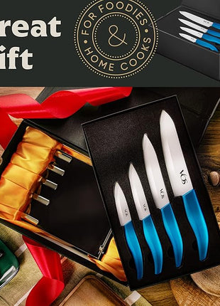 Vos Ceramic Knife Set with Block, Ceramic Knives Set For Kitchen, Ultra Sharp Kitchen Knife Set with Covers, 3" 4" 5" 6" Chef Knife, Utility, Paring & Versatile, Lightweight, Dishwasher safe (Blue)
