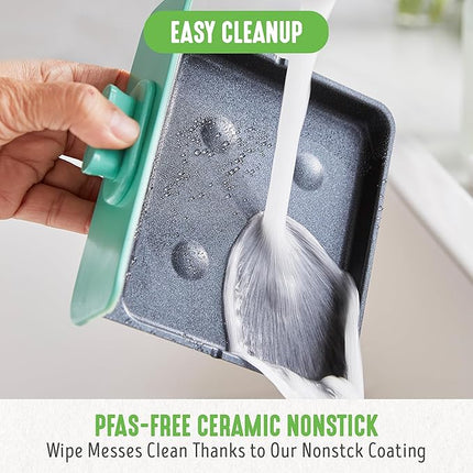 GreenLife 3-in-1 Breakfast Maker Station, Healthy Ceramic Nonstick Dual Griddles for Eggs Meat Sausage Bacon Pancakes and Breakfast Sandwiches, 2 Slice Toast Drawer, Easy-to-use Timer, Turquoise