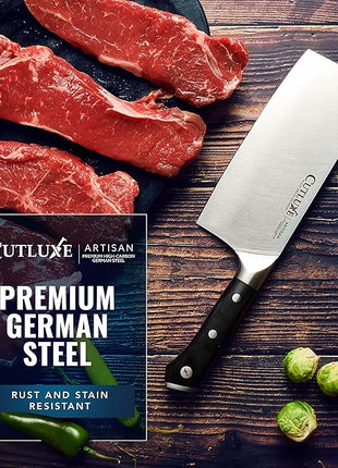Cutluxe Cleaver Knife - 7" Meat Cleaver, Butcher Knife for Meat Cutting – German Steel Blade, Full Tang, Ergonomic Handle Design – Artisan Series