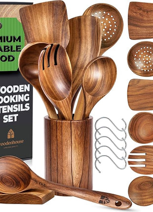 Wooden Utensil Set 8 Pcs – Sturdy & Easy to Clean, Natural Teak Wooden Spoons for Cooking – Non-Scratch Cooking Utensils with Spatula, Turner, Ladle, Spoons, Holder, Spoon Rest, 6 Hooks Kitchen Gifts