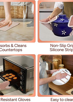 Casa Platino Potholders for Kitchens, 8-Piece – 500°F Heat Resistant Oven Mitts and Pot Holders, Mini Oven Mitts with Silicone Grip, 2 Kitchen Towels & 2 Dish Cloths – Durable & Non-Slip – Canyon Rose