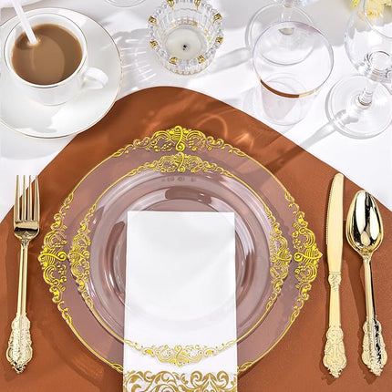 Nervure 350PCS Clear Gold Plastic Plates - Gold Plastic Dinnerware Sets for 50 Guests - 100 Disposable Plates, 150 Silverware, 50 Cups, 50 Napkins for Wedding & Party & Thanksgiving