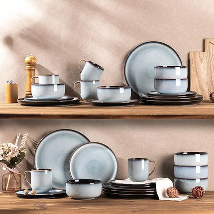 LERATIO Ceramic Dinnerware Sets for 4,16-PieceReactive Glaze Plates and Bowls Set with Mugs,Highly Chip and Crack Resistant | Dishwasher,Microwave & Oven Safe Dishes set-Gray White