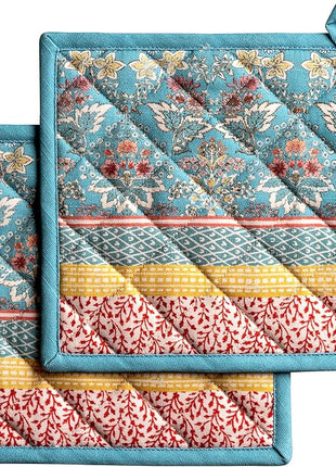 Maison d' Hermine Pot Holders Set 100% Cotton Heat Resistant Potholders 8" x 8" Hot Pads with Loop BBQ, Cooking, Baking, Grilling, Kitchen, Handling Hot Pans Spring/Summer (Pack of 2, Marquise)