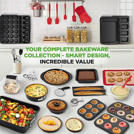 NutriChef 42-Piece Ultimate Nonstick Bakeware Set - Carbon Steel Baking Pans, Everyday Baking Tools, Oven Mitts, & More - Ideal for Baking Delicious Savory & Sweet Treats - Complete Set for Bakers