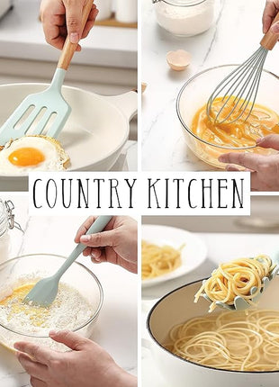 Country Kitchen Non Stick Silicone Utensil Set with Rounded Wood Handles for Cooking and Baking, 38 Piece Set, Mint