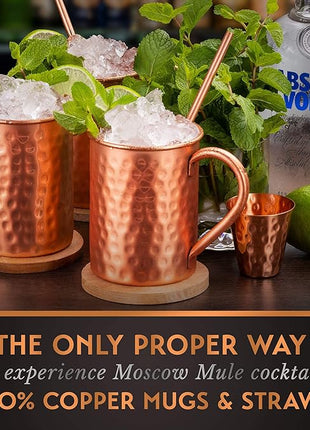 Gift Set Moscow Mule Mugs Set Of 4 16 oz Solid Cooper, 100% Pure Copper Cups Cylindrical Shape HANDCRAFTED, BONUS 4 Straws, 4 Wood Coasters, Stirring Spoon, And Shot Glass (Square)