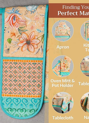 Maison d' Hermine Double Oven Mitts 100% Cotton 7"x35" Double Oven Mitt Heat Resistant BBQ Cooking Gloves with Loop, Baking, Grilling, Kitchen, Handling Hot Pans Spring Summer (Luxury Loft – Peach)