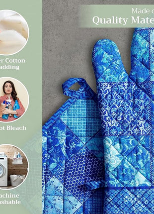 Maison d' Hermine 100% Cotton Oven Mitt & Pot Holder Set (7.5"x13" & 8"x8") Heat Resistant BBQ Cooking Gloves with Loop, Baking, Grilling, Kitchen, Handling Hot Pans Spring/Summer (Indigo Love)