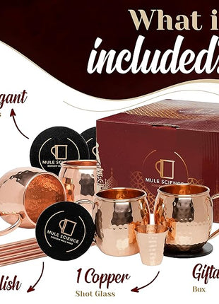 Advanced Mixology [Gift Set] Mule Science Moscow Mule Mugs Set of 4 (19 oz. large size) | 100% Handcrafted | Food Safe | Copper Mugs w/Accessories | Tarnish Resistant Copper Cups