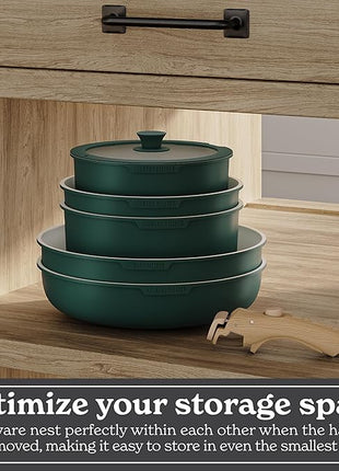 Country Kitchen Cookware Set with Removable Handle, Oven & RV Safe Pots and Pans Set, Sage Wood Handle, Original