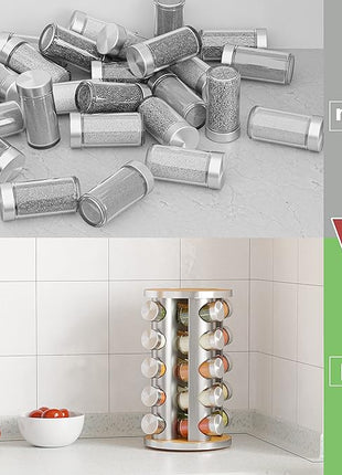 Revolving Spice Rack Set with 20 Spice Jars, Kitchen Spice Tower Organizer for Countertop or Cabinet -- Carousel Storage Includes 386 Spice Labels -- Desktop Rotating Seasoning Organizer