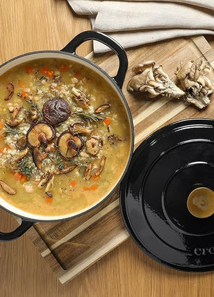 Crock Pot Artisan 7-Quart Round Cast Iron Dutch Oven with Lid – Black Enamel Finish, Gold Knob, Durable Heavy-Duty Cookware for Slow Cooking, Baking, and Roasting