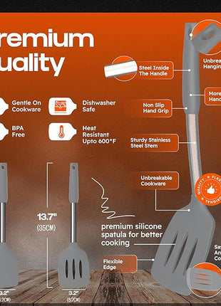 Silicone Spatula Set - Turner Spatulas Silicone Heat Resistant 600°F - Slotted & Solid Spatula for Cooking Fish, Eggs, Pancakes Flipper – Spatulas for kitchen use – Gray