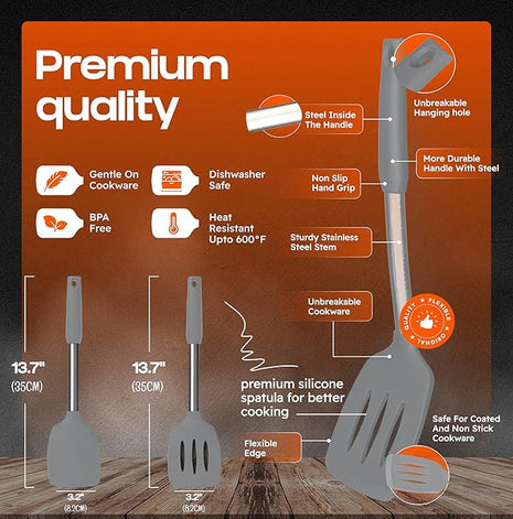 Silicone Spatula Set - Turner Spatulas Silicone Heat Resistant 600°F - Slotted & Solid Spatula for Cooking Fish, Eggs, Pancakes Flipper – Spatulas for kitchen use – Gray