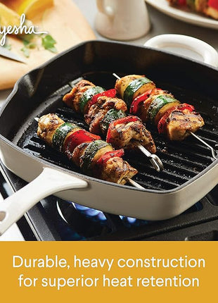 Ayesha Curry Collection Cast Iron Square Grill Pan with Pour Spouts, 10-Inch, French Vanilla