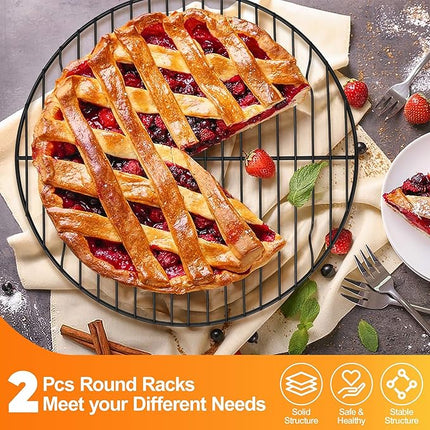 P&P CHEF Round Cooling Rack Set, Round Wire Racks for Cooking Baking, Fit Air Fryer & Oven, Stainless Steel Core with Nonstick Coatings, Black, 2 PCS - 10.5 Inch