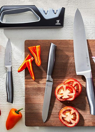 HENCKELS Graphite 4-pc Starter Knife Set, 8" Chef Knife, 5-in. Serrated Utility, 3-in. Paring Knife, and Handheld Sharpener