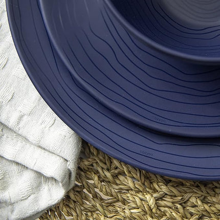 Bzyoo 12 Piece Melamine Dinnerware Set - Durable, Dishwasher Safe, Organica Navy Blue Plates and Bowls Sets Casual Dish Set for Dining, Outdoor and Kitchen