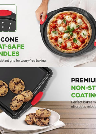 NutriChef Non-Stick Kitchen Oven Baking Pans-Deluxe & Stylish Nonstick Gray Coating Inside Outside, Commercial Grade Restaurant Quality Metal Bakeware with Red Silicone Handles NCSBS8S, 8 Piece Set