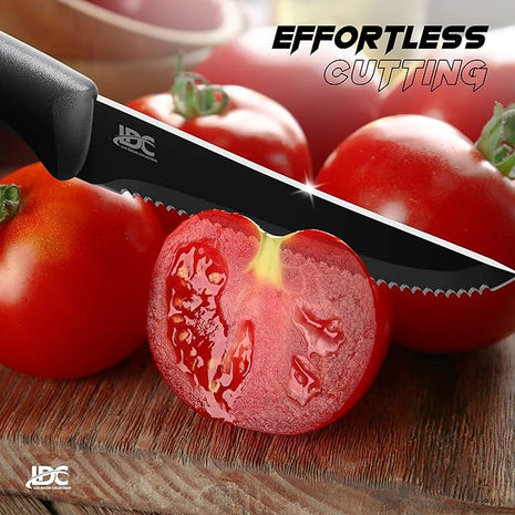 LDC Serrated Steak Knives Set of 8, Elegant Black Ultra Sharp Knives, Dishwasher Safe Stainless Steel Dining Knife Set