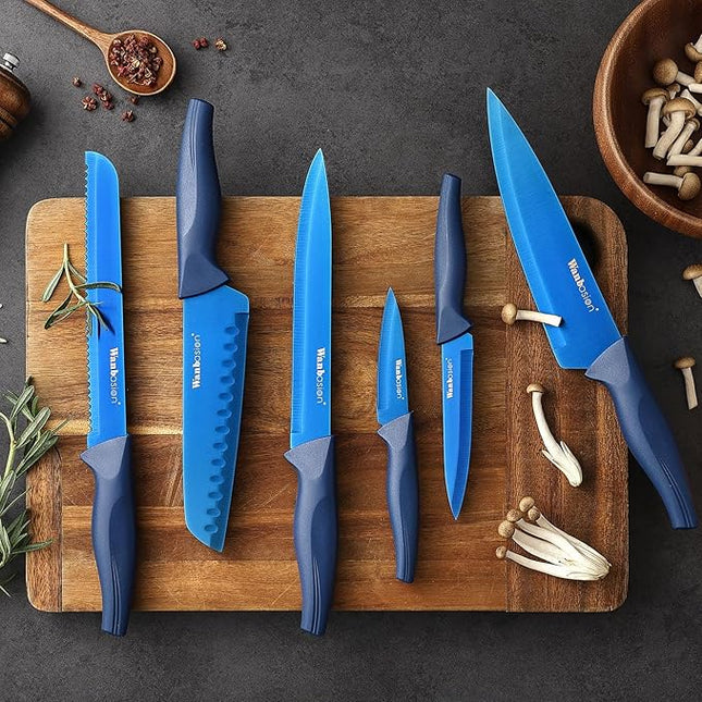 Wanbasion Blue Stainless Steel Knife Set, Sharp Kitchen Knife Set Professional, Kitchen Knife Set Dishwasher Safe with Covers for Cooking