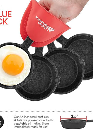 Modern Innovations Mini Black Cast Iron Skillet Set with Silicone Mitt (48 Count) - 3.5 Inch Pans, Pre Seasoned Small Skillets for Baked Cookie/Brownie or Cooked Eggs