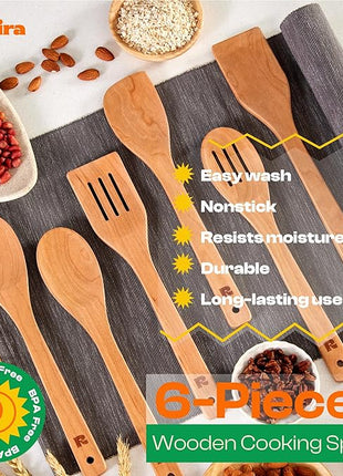 Riveira Cherry Wooden Spoons for Cooking Set of 6 – Natural Cherry Wooden Cooking Utensils, Wooden Spatula, Wooden Spoon - Premium Quality Wooden Utensil Set for Non-Toxic Cooking