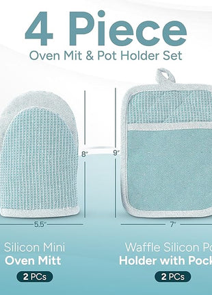 Casa Platino Silicone Oven Mitts & Pot Holders, 4-Piece – Oven Mitt for Baking & BBQ, Pot Holders for Kitchen, Hot Dishes & Microwave – Heat Resistant Up to 500°F, Non-Slip & Machine Washable – Aqua