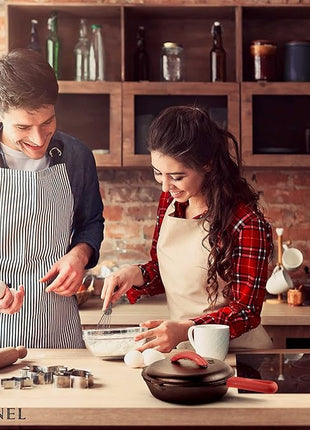 Cuisinel Cast Iron Skillet with Lid - 10"-inch Pre-Seasoned Covered Frying Pan Set + Silicone Handle and Lid Holders + Scraper/Cleaner - Use Indoor/Outdoor, Oven, Stove, BBQ, Fire, Grill Cookware