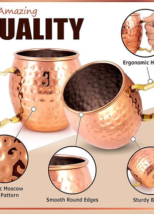 G GOODYGOODS Moscow Mule Mugs, Real Copper Plating, Stainless Steel inside Lining, Gift Set of 4 Handcrafted 18 Oz Copper Cups, 4 Unique Straws, Jigger, Ring Bottle Opener & Recipe Booklet!