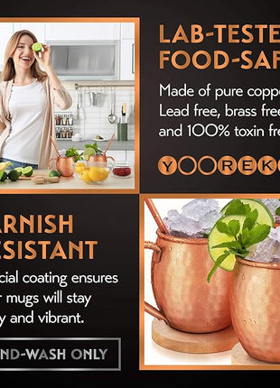 Gift Set Moscow Mule Mugs Set Of 4 16 oz Solid Cooper, 100% Pure Copper Cups HANDCRAFTED, BONUS 4 Straws, 4 Wood Coasters, Stirring Spoon, Shot Glass and Cleaning brush (Oval)