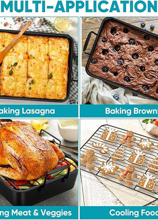 TeamFar Roasting Pan, 16’’ Nonstick Deep Lasagna Brownie Turkey Pan with V-Shaped Rack & Cooling Rack, with Stainless Steel Core & Nonstick Coating, Healthy & Sturdy Handles, Easy to Clean, Set of 3
