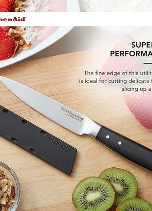 KitchenAid Gourmet Forged Triple Rivet Fine-Edge Utility Knife with Custom-Fit Blade Cover, 4.5-inch, Sharp Kitchen Knife, High-Carbon Japanese Stainless Steel Blade, Black