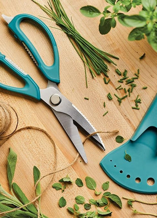 Rachael Ray Professional Multi Shear Kitchen Scissors with Herb Stripper and Sheath, 2 Piece, Agave Blue