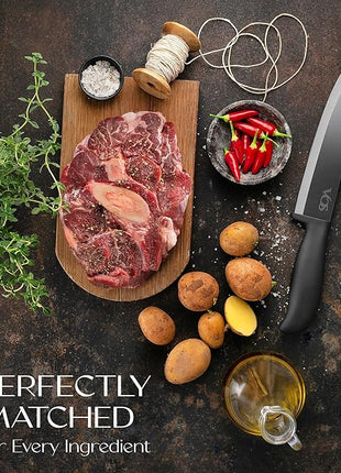 Vos Ceramic Knife Set With Block - 13-Piece Ceramic Knives Set For Kitchen, Includes Chef, Santoku, Bread Knives, Steak Knives, Peeler & Elegant Wooden Block - Ultra-Sharp, Dishwasher safe,Lightweight