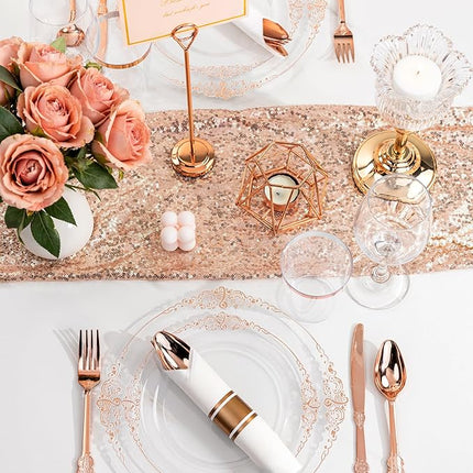 Nervure 350PCS Rose Gold Plastic Plates - Rose Gold Plastic Dinnerware Sets for 50 Guests - 100 Disposable Plates, 150 Silverware, 50 Cups, 50 Napkins Perfect for Wedding & Party