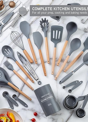 Country Kitchen Non Stick Silicone Utensil Set with Rounded Wood Handles for Cooking and Baking, 38 Piece Set, Gray