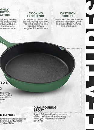 Utopia Kitchen Cast iron Skillets 3 Piece Set, Chefs Pan, Pre Seasoned Cast iron Skillets, 6, 8 & 10 Inches, Easy Use in the Oven, Stove, Grill, or Campfire, Green