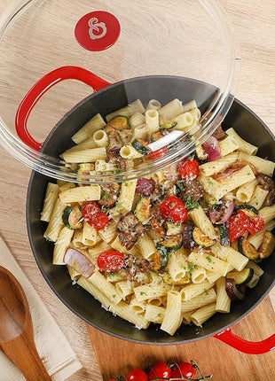 Crock Pot Artisan 5-Quart Enameled Cast Iron Braiser Pan With Borosilicate Glass Lid, Everyday Covered Skillet for Searing, Roasting, and Baking, Red