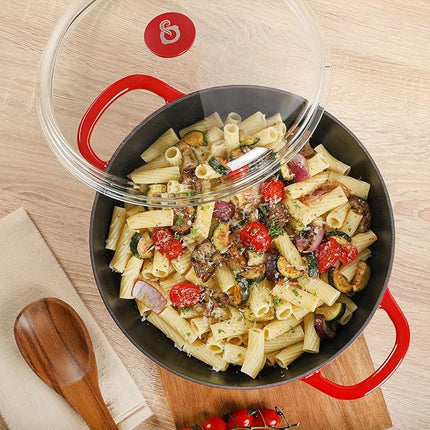 Crock Pot Artisan 5-Quart Enameled Cast Iron Braiser Pan With Borosilicate Glass Lid, Everyday Covered Skillet for Searing, Roasting, and Baking, Red