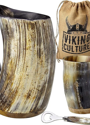 Viking Culture Ox Horn Mug, Shot Glass, and Bottle Opener (3 Pc. Set) Authentic 16-oz. Ale, Mead, and Beer Tankard | Vintage Stein with Handle - Natural Finish | Without Design