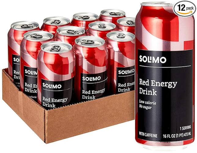 Amazon Brand - Solimo Red Energy Drink, Sugar-Free, Vegan, Low-Calorie, 16 fl oz (Pack of 12)