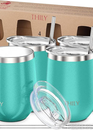 THILY Stainless Steel Stemless Wine Glasses 4 Pack Vacuum Insulated Cute Travel Wine Tumbler Set with Splash-proof Lids, Reusable Straws, Keep Cold & Hot for Wine, Coffee, Teal