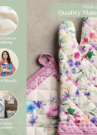 Maison d' Hermine 100% Cotton Oven Mitt & Pot Holder Set (7.5"x13" & 8"x8") Heat Resistant BBQ Cooking Gloves with Loop, Baking, Grilling, Kitchen, Handling Hot Pans Spring/Summer (Chardon)