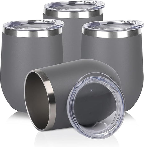 DOMICARE Stainless Steel Wine Tumbler Bulk with Lid, Personalized Insulated Tumblers Set, 12oz Travel Coffee Cups Pack of 4, Gray