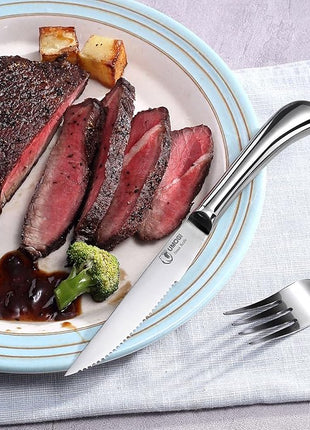 Steak Knives Set of 6 - High Carbon Stainless Steel, Dishwasher Safe - Polished Shiny Blade & Handle, Serrated Edge - Kitchen Table Knife Set, 4.5’’ Dinner Knife Non Straight