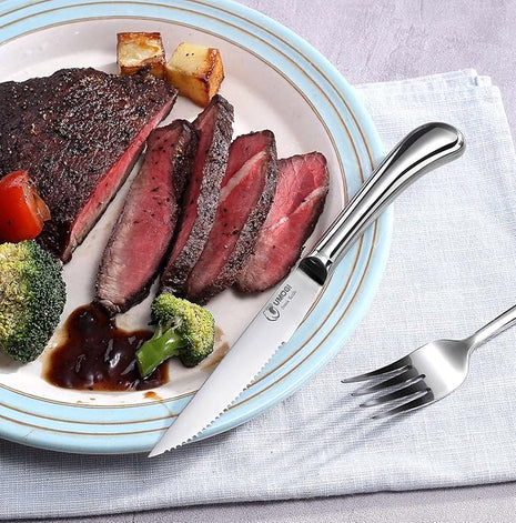 Steak Knives Set of 6 - High Carbon Stainless Steel, Dishwasher Safe - Polished Shiny Blade & Handle, Serrated Edge - Kitchen Table Knife Set, 4.5’’ Dinner Knife Non Straight